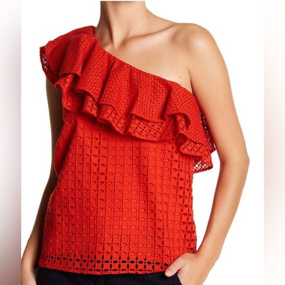 J Crew One Shoulder Red/Orange Ruffle Eyelet Top Size 4 - Picture 1 of 14